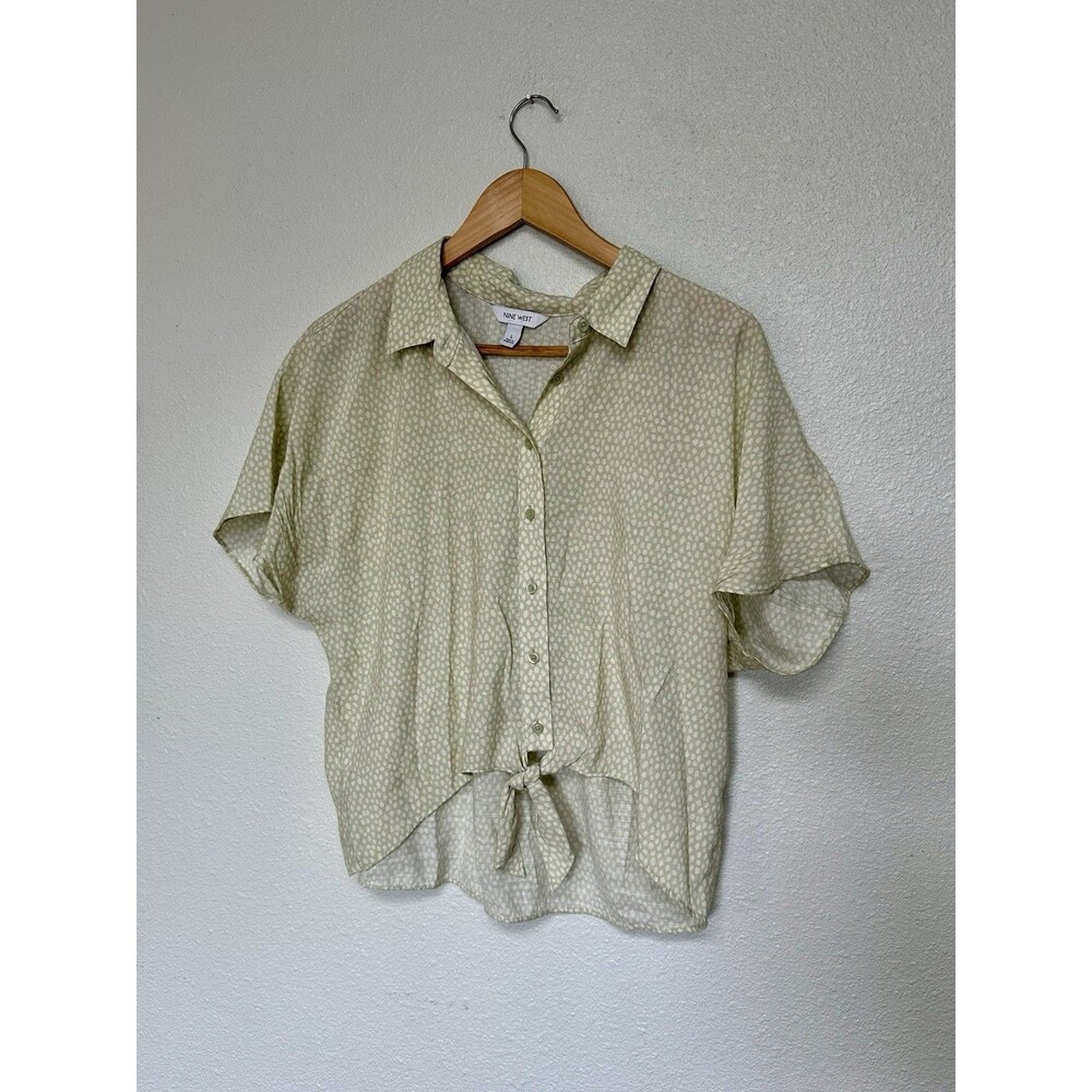 Nine West Breezy Pebbled Texture Button Down Tie Front Camp Shirt Blouse Large